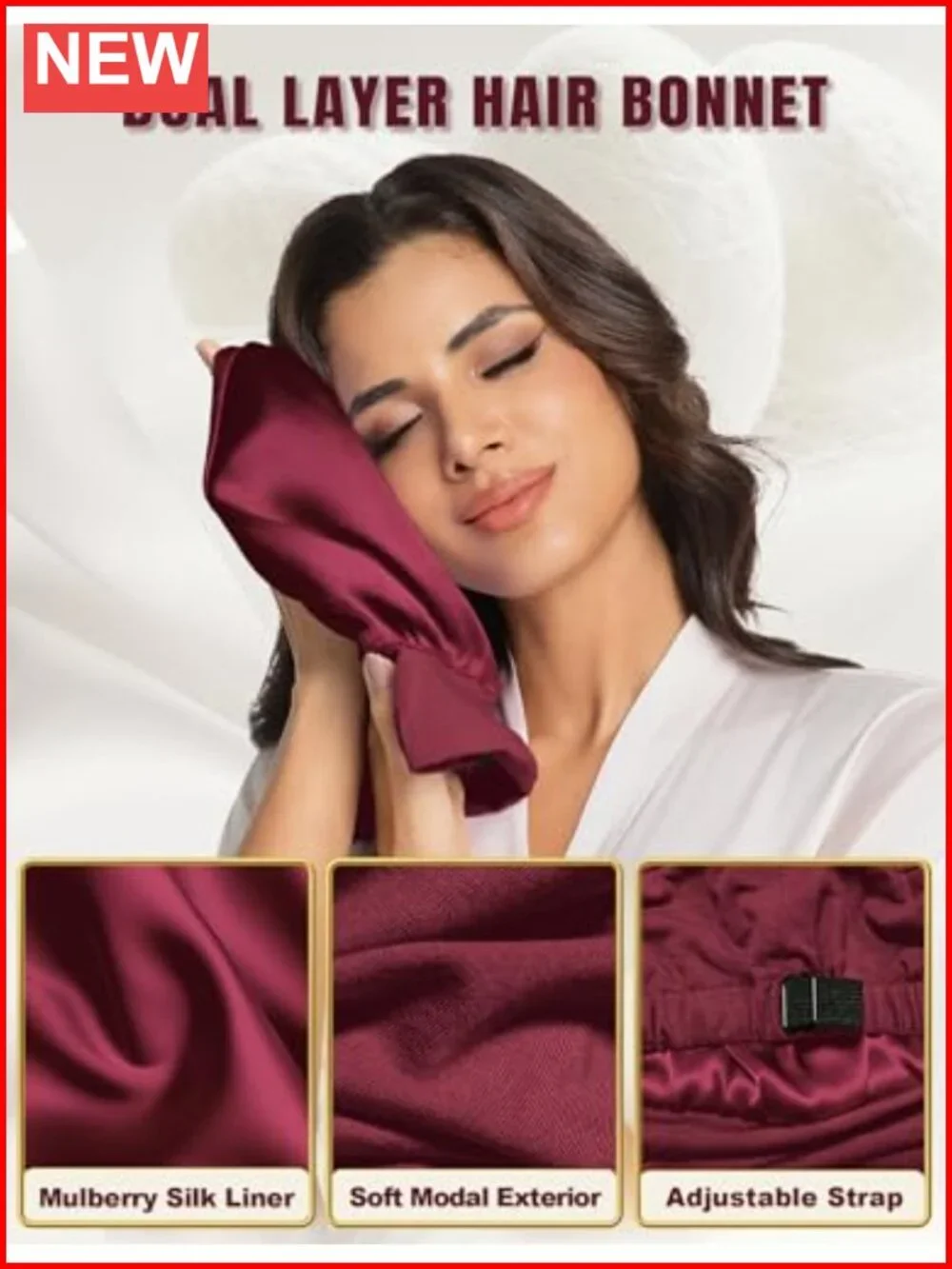 Mulberry Silk Lined Bonnet - Adjustable Night Sleep Cap for Hair Care